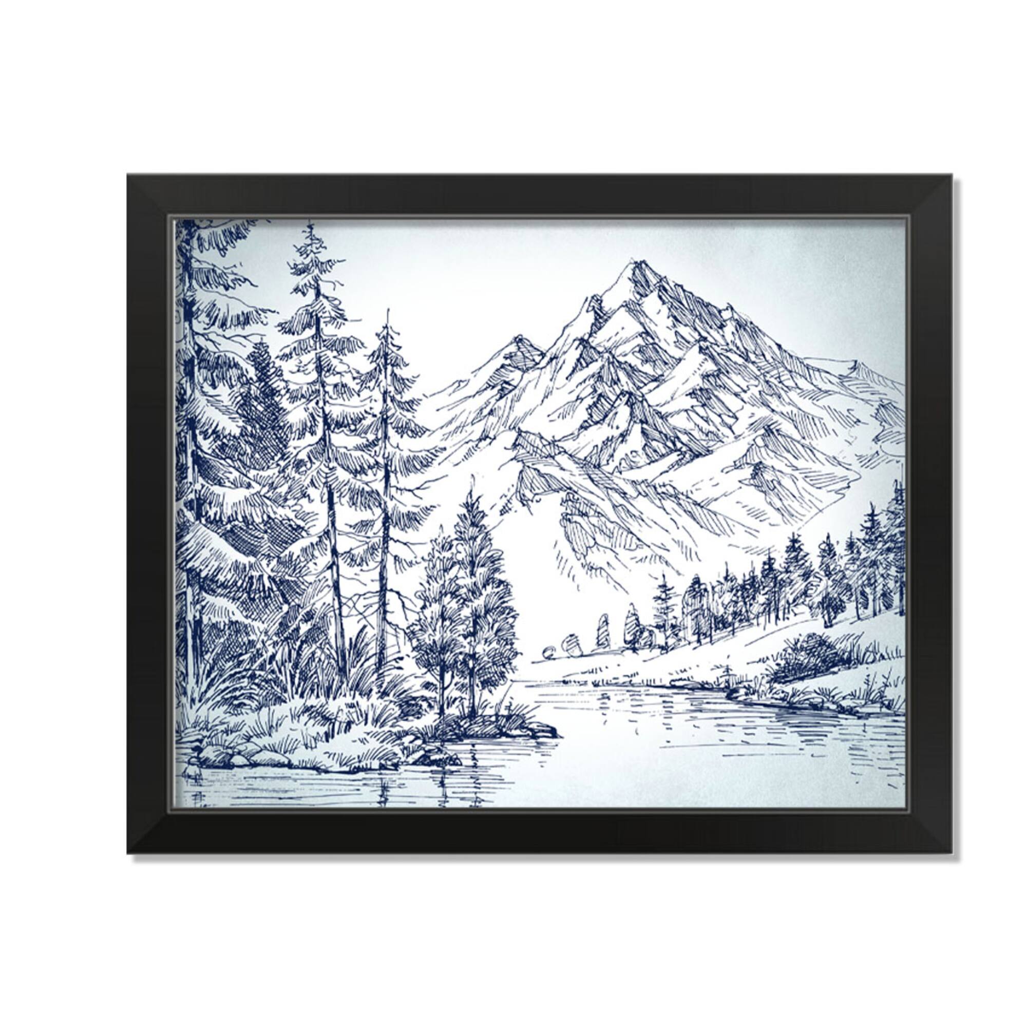 20" Mountain Forest Drawing Framed Wall Art
